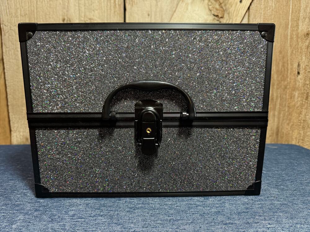 Black Glitter Cosmetic Train Case w/ Levered Extendable Trays Sparkly Makeup Box